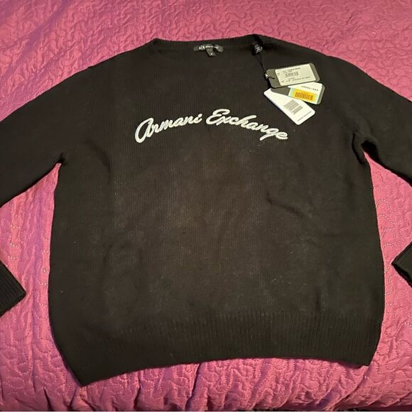Armani Exchange Black Cursive Logo Knit Sweater In Black - Women's Size Medium - Picture 9 of 9